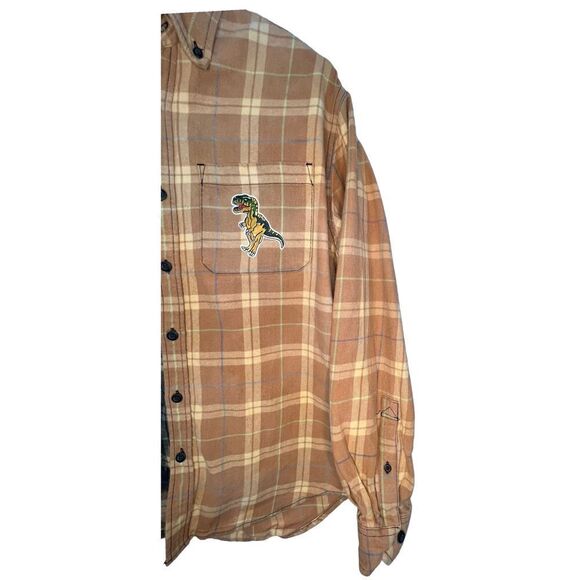 Upcycled Bleach Dye Button Up Flannel Shirt With Dinosaur Patch - Picture 3 of 6